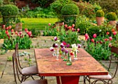 THE OLD VICARAGE, WORMLEIGHTON, WARWICKSHIRE: TABLE, CHAIRS, PATIO, TULIPS APRICOT IMPRESSION, JAN REUS, BOX BALLS IN GREEN GLAZED PLANTERS, CONTAINERS