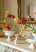 MARBURY HALL, SHROPSHIRE: DESIGNER SOFIE PATON-SMITH: TULIPS IN CONSTANCE SPRY VASES IN THE FLOWER ROOM. ARRANGEMENTS, CUTTING, GARDEN, CUT, FLOWERS, SPRING