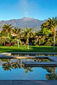 RADICEPURA GARDEN FESTIVAL, SICILY, ITALY: VIEW OF MOUNT ETNA FROM THE WATER GARDENS. PALMS, REFLECTED, REFLECTIONS
