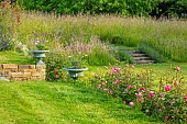 ROOKERY FARM, SURREY: LAWN, CONTAINERS, URNS, MEADOW, ROSES, WILDFLOWERS, STONE STEPS, GARDENS, ENGLISH, COUNTRY, SUMMER, ROSA BOSCOBEL, AUSCOUSIN
