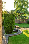 WINSON MANOR, GLOUCESTERSHIRE: LAWN, WALL, CLIPPED TOPIARY CLOUD PRUNED SCOTS PINE - PINUS SYLVESTRIS, YEW HEDGE, TREES, SUMMER, GREEN, GARDENS