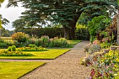 CANONS ASHBY, NORTHAMPTONSHIRE, THE NATIONAL TRUST - LAWN, BEDDING,  CEDAR OF LEBANON, FORMAL, PARK, JULY