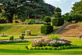 CANONS ASHBY, NORTHAMPTONSHIRE, THE NATIONAL TRUST - LAWNS, SUNDIAL, CEDAR OF LEBANON, BEDDING, BEDS, EVENING, JULY, STEPS, SLOPES, CLIPPED, TOPIARY, YEW