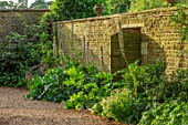 CANONS ASHBY, NORTHAMPTONSHIRE, THE NATIONAL TRUST - WALL, GATE, ACANTHUS SPINOSUS, JULY, SUNSET, GRAVEL, PATH