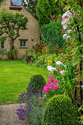 ADAMS_POOL_GLOUCESTERSHIRE_BORDER_BY_LAWN_BOX_TOPIARY_PHLOX_ARCHWAY_LAWN_BORDER_COTTAGE_GARDEN_COTSW
