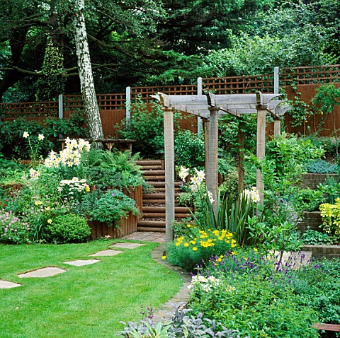 PATH_BESIDE_PERGOLA_LEADING_TO_SHADED_WOODLAND_GARDEN_WITH_LILIES__COREOPSIS_VERTICILLATA_DESIGNER_J
