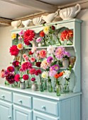 GREEN AND GORGEOUS FLOWERS, OXFORDSHIRE: BLUE DRESSER WITH CONSTANCE SPRY VASES, VASES WITH DAHLIAS IN MULTI COLOURS. ARRANGEMENTS, STILL LIFE