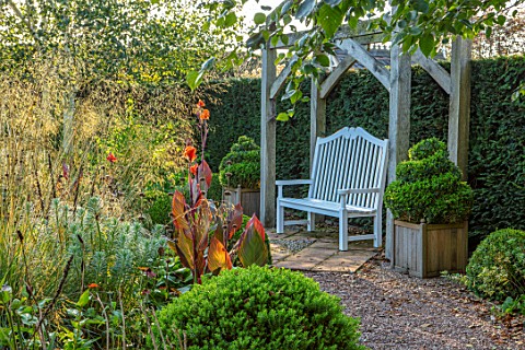 MITTON_MANOR_SHROPSHIRE_THE_ROUNDHOUSE_GARDEN__WOODEN_PERGOLA_SEAT_BENCH_PATH_BOX_TOPIARY_IN_WOODEN_