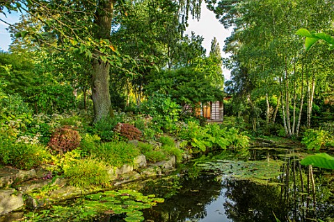 MORTON_HALL_WORCESTERSHIRE_STROLL_GARDEN_OCTOBER_JAPANESE_TEA_HOUSE_BUILDING_WATER_POND_POOL_ACER_PA