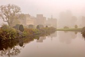 FORDE ABBEY, SOMERSET: FORDE ABBEY, SOMERSET: LONG POND IN OCTOBER, MIST, FOG, DAWN, SUNRISE, WATER, FORMAL, POND, POOL, CLIPPED, YEW, TOPIARY, AUTUMN, ENGLISH, COUNTRY, GARDEN