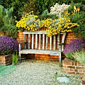 FRAGRANT BENCH IN BRICK ALCOVE SURROUNDED BY HELICHRYSUM ITALICUM AND LAVENDER. THE OLD VICARAGE  NORFOLK.