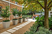 DESIGNER ANTHONY PAUL: SMALL, TOWN, FORMAL, GRAVEL, PATH, STONE, SLABS, PAVING, HOUSE, CONTAINERS, LONDON
