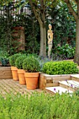 DESIGNER ANTHONY PAUL: SMALL, TOWN, FORMAL, LONDON, RAISED, BEDS, BOX BALLS IN CONTAINERS, PATHS, PAVING, STEPS, SCULPTURE, WOODLAND, SHADE, SHADY