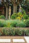 DESIGNER ANTHONY PAUL: SMALL, TOWN, FORMAL, LONDON, WALLS, SCULPTURE, ELEAGNUS HEDGE, HEDGING, RAISED BEDS, WOODLAND