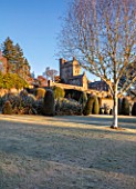 DRUMMOND CASTLE GARDENS, SCOTLAND: LAWN, FROST, FROSTY, CASTLE, CLIPPED, TOPIARY, SHAPES, GARDENS, SCOTTISH, WINTER
