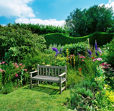 A_WOODEN_BENCH_IN_SECLUDED_CORNER_OF_THE_HERBACEOUS_BORDER_AT_STOURTON_HOUSE_GARDEN__WILTSHIRE