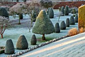 DRUMMOND CASTLE GARDENS, SCOTLAND: LAWN, FROST, FROSTY, CASTLES, CLIPPED, TOPIARY, SHAPES, YEW, GARDENS, SCOTTISH, WINTER, HEDGES, HEDGING, SUNRISE
