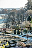 DRUMMOND CASTLE GARDENS, SCOTLAND: LAWN, FROST, FROSTY, CASTLES, CLIPPED, TOPIARY, SHAPES, YEW, GARDENS, SCOTTISH, WINTER, HEDGES, HEDGING, SUNRISE, PARTERRES