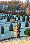 DRUMMOND CASTLE GARDENS, SCOTLAND: LAWN, FROST, FROSTY, CASTLES, CLIPPED, TOPIARY, SHAPES, YEW, GARDENS, SCOTTISH, WINTER, HEDGES, HEDGING, SUNRISE, URN