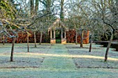 BRYANS GROUND, HEREFORDSHIRE - WINTER GARDEN, FROST, FROSTY, JANUARY, BUILDING, HEDGE, HEDGING, BEECH, VISTA, VIEW, ALONG. PATH, FRUIT TREES, FOLLY