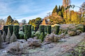 BRYANS GROUND, HEREFORDSHIRE - CLIPPED TOPIARY IN THE SUNK GARDEN, HEDGES, HEDGING, FROST, FROSTY, WINTER, LANTERN FOLLY, IRISH YEWS, FORMAL, PATH