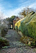 BRYANS GROUND, HEREFORDSHIRE: THE SUNK GARDEN, ARTS AND CRAFTS, PATH, CLIPPED YEW HEDGING, HEDGES,TOPIARY, THE LANTERN, FOLLY, FOLLIES, FORMAL, COUNTRY GARDEN, FROST, FROSTY
