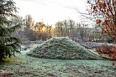 BRYANS GROUND, HEREFORDSHIRE: WINTER, VIEWING MOUND, LAKE, POOL, POND, BULLRUSHES, COUNTRY GARDEN, FROST, FROSTY