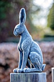BRYANS GROUND, HEREFORDSHIRE: SQUARE OF HARE SCULPTURE, FROST, FROSTY, WINTER, JANUARY, GARDEN, ORNAMENT, SCULPTURE, FORMAL