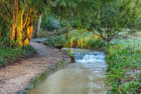 MOTTISFONT_ABBEY_HAMPSHIRE_THE_NATIONAL_TRUST_WINTER_GARDEN_JANUARY_STREAM_AND_WATERFALL