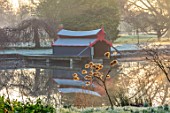 CHIPPENHAM PARK, CAMBRIDGESHIRE: THE RIVER IN WINTER, EARLY MORNING, DAWN, SUNRISE, FROSTY, THE BOATHOUSE, BOAT SHELTER, JETTY