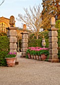 ARUNDEL CASTLE GARDENS, WEST SUSSEX: COLLECTOR EARLS GARDEN, TERRACOTTA CONTAINERS WITH TULIP PINK IMPRESSION, WOODEN FOUNTAINS, FOUNTAIN, SPRING, APRIL