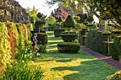 THE LASKETT GARDENS, HEREFORDSHIRE. DESIGNER ROY STRONG - LAWN, YEW, TOPIARY, APRIL, SPRING, HEDGES, HEDGING