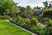 MORTON HALL GARDENS, WORCESTERSHIRE: THE SOUTH GARDEN, LAWN, BORDER WITH TULIPS, SPRING, APRIL, BORDERS, WALLED GARDEN
