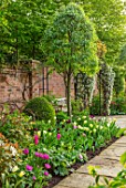 MORTON HALL GARDENS, WORCESTERSHIRE: THE SOUTH GARDEN, LAWN, BORDER WITH TULIPS, SPRING, APRIL, WALLED GARDENS, ARCH, SEAT, SEATING, BENCHES
