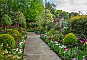 MORTON HALL GARDENS, WORCESTERSHIRE: BORDERS IN THE SOUTH GARDEN, SPRING, APRIL, TULIPS, WALLED GARDENS