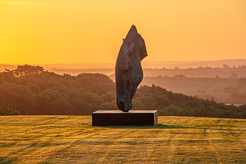 NEVILL_HOLT_LEICESTERSHIRE_DAWN_SUNRISE_SCULPTURE_OF_HORSE_HEAD_BY_NIC_FIDDIAN_GREEN_LAWN