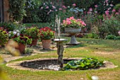 COTON MANOR GARDEN, NORTHAMPTONSHIRE: THE ROSE GARDEN, TERRACOTTA CONTAINERS WITH PELARGONIUMS, GERANIUMS, TERRACE, PATIO, WATER FEATURE, FOUNTAIN