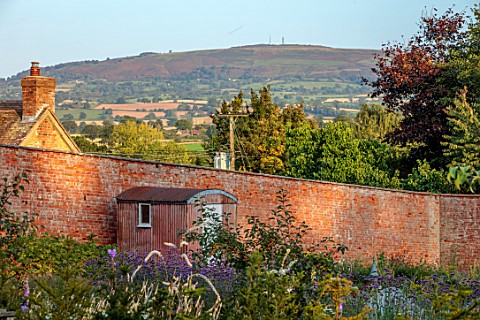 WILDEGOOSE_NURSERY_SHROPSHIRE_VIEW_TO_SHROPSHIRE_HILL_BEYOND_THE_WALLED_GARDEN_SHED_COUNTRY_GARDENS_