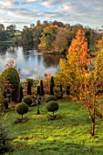 THE DOWER HOUSE, DERBYSHIRE: CLIPPED TOPIARY LIGUSTRUM DELAVAYANUM, SYN. L. IONANDRUM, SCULPTURE BY HELEN SINCLAIR. METASEQUOIA GOLD RUSH, LAKE, WATER, BORROWED LANDSCAPE