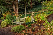 THE DOWER HOUSE, DERBYSHIRE: WOODLAND, STATUE, WOODEN BENCH, SEAT, HYDRANGEA ANNABELLE, WOODS, SHADE, SHADY, GREEN, WHITE, FLOWERS