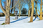REDHILL LODGE, RUTLAND: DESIGNERS RICHARD AND SUSAN MOFFITT - CIRCLE OF TREES AND METAL CONTAINER IN DRIVE, WINTER, SNOW, JANUARY