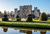 HEVER CASTLE & GARDENS, KENT: LAKE, POND, DAFFODILS, NARCISSUS ICE FOLLIES, SPRING, MARCH, WATER, REFLECTIONS, REFLECTED,  CASTLES