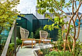 MAYFAIR PENTHOUSE GARDEN, LONDON, PLANTING ALASDAIR CAMERON: TERRACE, ROOF, HEPTACODIUM MICONIOIDES, RAISED BEDS, TABLE, CHAIRS