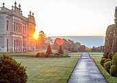 BRODSWORTH HALL, YORKSHIRE: THE HALL AT DAWN, SUMMER, PATHS, LAWNS, CLIPPED TOPIARY