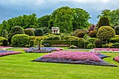 BRODSWORTH HALL, YORKSHIRE: SUMMER, CLIPPED TOPIARY HEDGES, HEDGING, PAVILION, BEDDING, LAWN