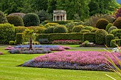 BRODSWORTH HALL, YORKSHIRE: SUMMER, CLIPPED TOPIARY HEDGES, HEDGING, BEDDING, LAWN, FORMAL BEDDING, TREES, VICTORIAN, PAVILION
