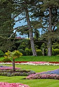 BRODSWORTH HALL, YORKSHIRE: SUMMER, FORMAL BEDDING, LAWN, PINES, STATUE