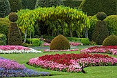 BRODSWORTH HALL, YORKSHIRE: SUMMER, CLIPPED TOPIARY HEDGES, HEDGING, BEDDING, LAWN, FORMAL BEDDING, VICTORIAN, LABURNUM ARCH