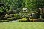 BRODSWORTH HALL, YORKSHIRE: SUMMER, LAWN, CEDAR, CLIPPED, TOPIARY, HEDGES, HEDGING, STONE PAVILION, VICTORIAN