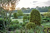 SILVER STREET FARM, DEVON. DESIGNER ALASDAIR CAMERON: JUNE, EARLY MORNING, BORDERS, CLIPPED TOPIARY BEECH, LAWN, HEDGES, HEDGING, BORROWED LANDSCAPE